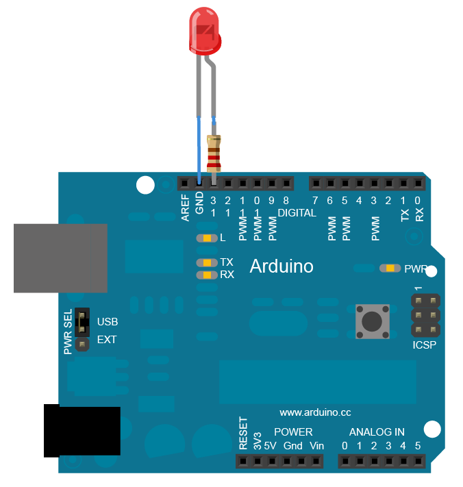 Arduino Blink circuit, image from http://arduino.cc/en/Tutorial/blink