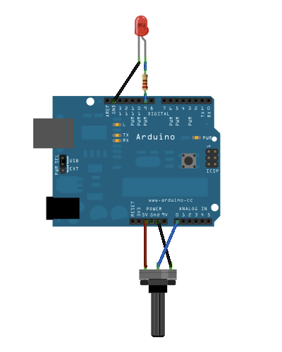 [Arduino and LED wired for analog output]